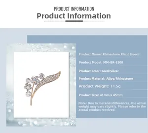Macro detail of rhinestone plant brooch showing 41mm x 45mm size and 11.5g weight info