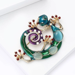 Detailed close-up of a lizard brooch with green enamel and cat-eye stones on a white background