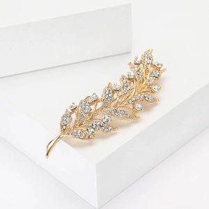 Broche élégante en forme d'épi de blé doré avec strass blancs étincelants pour femmes