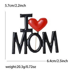 Minimalist I Love MOM enamel brooch in black and red on a clean white background