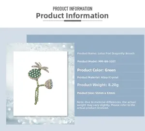Detailed size and material specs for lotus pod and dragonfly brooch with white pearls