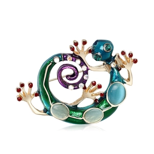 Lizard brooch with colorful enamel, gold plating, cat eye stones and sparkling crystals