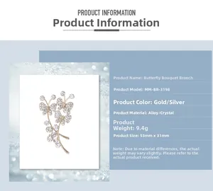 Spécifications de la broche bouquet papillon avec détails des dimensions et du poids
