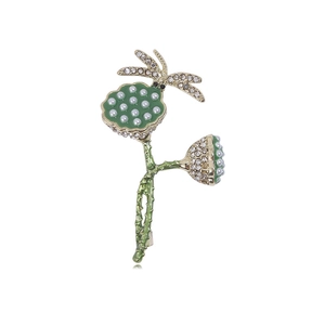 Vintage Enamel Dragonfly Lotus Pod Brooch With Faux Artificial Pearl Rhinestone For Women Chinese Style Gold Green Jewelry Accessory