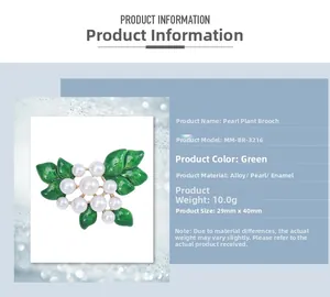 Detail view of pearl plant brooch featuring green drip oil leaves and alloy base