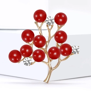 Élégante broche arbre dorée avec perles rouges et strass brillants pour femmes chic