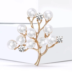 Broche élégante branche dorée avec perles blanches et strass étincelants pour femmes