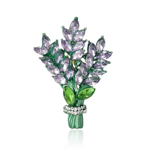 Elegant lavender bouquet brooch with purple crystals and green enamel leaves for women