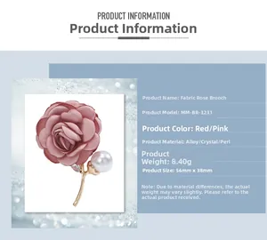 Detail view showing dimensions 56mm by 38mm of the pink fabric rose brooch with pearls