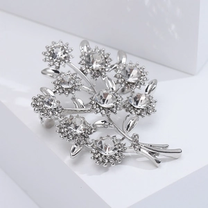 Broche bouquet de fleurs en strass étincelants en alliage argenté avec tournesols