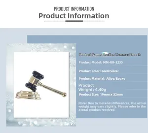 Detailed size chart for alloy gavel brooch showing 19mm by 32mm dimensions and weight