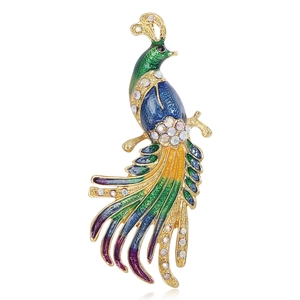 Vintage Peacock Feather Phoenix Brooch For Women Luxury Alloy Enamel Rhinestone Animal Lapel Pin For Suit Dress Banquet Party Fashion Jewelry