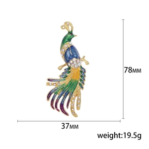 Peacock enamel brooch with colorful feathers and rhinestones, 78mm height and 37mm width