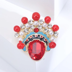Detailed view of Peking Opera crown brooch with red gems and blue enamel inlay