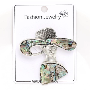 Macro detail of silver alloy brooch with iridescent abalone shell inlay for women