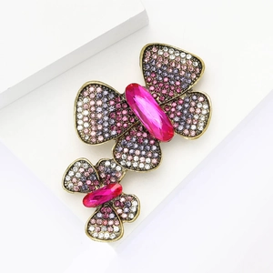 Elegant vintage double butterfly brooch with pink and purple rhinestones for women
