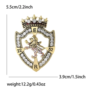 Vintage lion shield brooch with colorful rhinestones, crown design, 5.5cm height