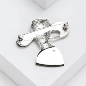 Elegant silver wide-brimmed hat woman brooch with shell inlay and matte finish