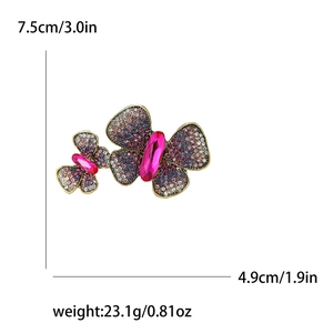 Exquisite double butterfly brooch with purple rhinestones and pink center gemstone for women