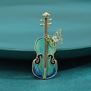 Broche Artistique en Émail Violon Papillon Plqué Or Cuivre Zircon Incrusté Instrument de Musique Épingle pour Femme Bijoux