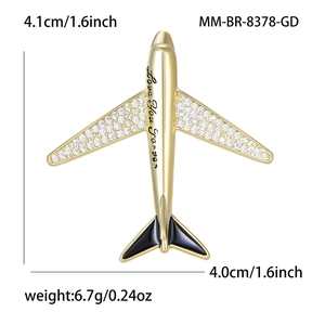 Detailed size view of a gold airplane brooch with crystals and Love You Forever engraving