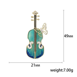 Broche violon exquise en émail bleu et papillon doré, taille 49x21mm et poids de 7g