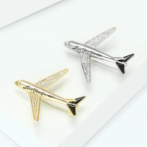 Exquisite gold and silver airplane brooches with sparkling zircons and engraved love message