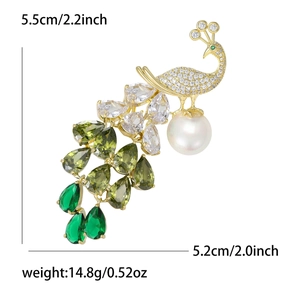 Detailed view of peacock brooch with dimensions 5.5cm x 5.2cm and zircons with pearl