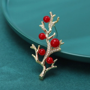 Broche Branche en Cuivre de Luxe Avec Perle Artificielle Rouge Élégante Épingle en Strass pour Femmes Accessoires de Robe
