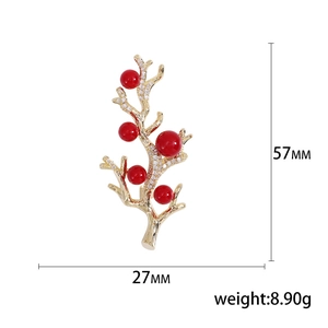 Broche luxueuse branche dorée avec perles rouges et zircons brillants pour femmes