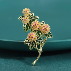 Elegant Micro Inlaid Zircon Flower Brooch Gold Plated Copper Floral Breastpin With Green Enamel Leaf Luxury Jewelry For Women
