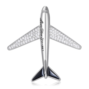 Elegant airplane brooch with inlaid zircons and 'Love You Forever' engraving in silver finish