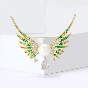 Luxury enamel angel wing brooch with white pearl and hanging teardrop zircon crystal