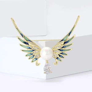 Luxury angel wing brooch with pearl, zircon drop and blue-green enamel in gold finish