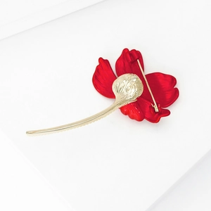 Elegant red hibiscus flower brooch with golden stem and red enamel petals for suits