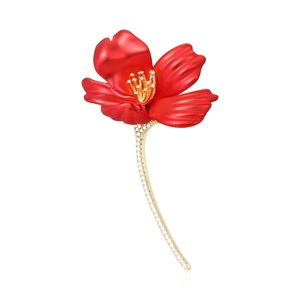 Elegant Copper Hibiscus Flower Brooch Red Enamel Floral Pin Rhinestone Inlaid Suit Accessory Elegant Women Jewelry
