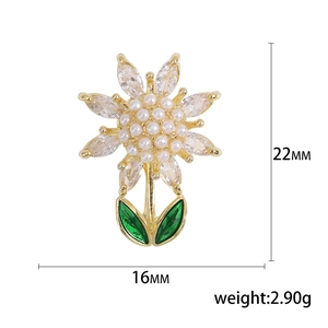 Broche tournesol élégante avec pétales en zircon, perles et feuilles en émail vert