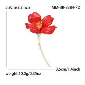 Red hibiscus flower brooch with gold stamens and sparkling white zircons for suits
