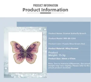 Detail view of purple enamel butterfly brooch with dimensions and weight specs