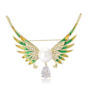 Luxury Angel Wings Brooch Copper Enamel Zirconia Artificial Pearl Brooch Pin For Women Wedding Party Elegant Suit Accessories Gift
