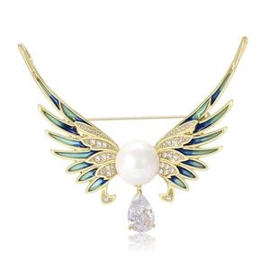 Luxurious angel wing brooch with enamel glaze, pearl inlay, and zircon drop on white base