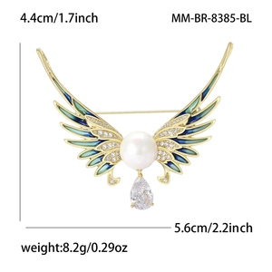 Enamel angel wing brooch with pearl and zircon inlay, elegant fashion jewelry piece