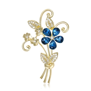 Élégante Broche Bouquet de Fleurs Cuivre Zirconia Bleu Micro Incrusté Plaqué Or pour Femmes Costumes Robe de Soirée Bijoux