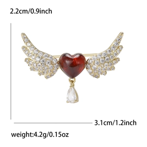 Elegant wing and heart zircon brooch with red gemstone and drop pendant measurements