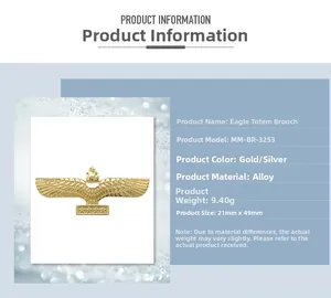 Product specifications of the eagle totem brooch showing 21mm by 49mm dimensions and weight