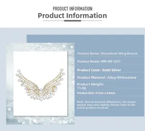 Spécifications détaillées pour la broche aile en strass incluant dimensions et matériaux