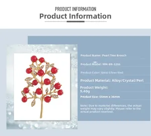 Detailed spec view of the pearl tree brooch with dimensions 55mm by 36mm and alloy materials