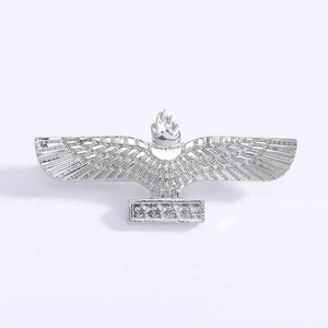 Detailed view of a silver alloy eagle brooch with five-pointed stars on the base