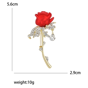 Elegant red rose brooch with gold alloy base and rhinestone leaf detailing 5.6cm size