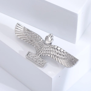 Detailed close-up of a silver eagle brooch with feather texture and star relief